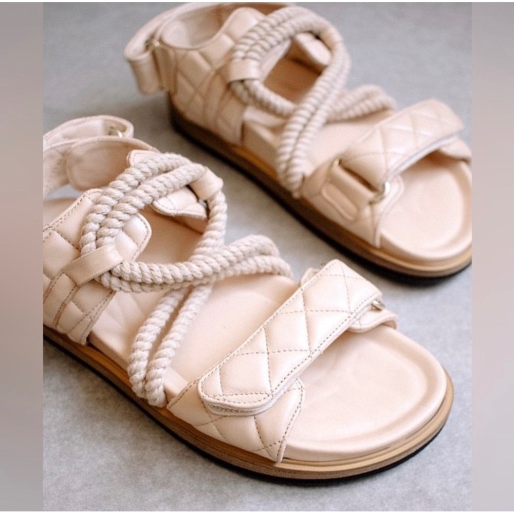 ALOHAS Hook Loop Braided Leather Rope Sandals Stone Beige Size 37